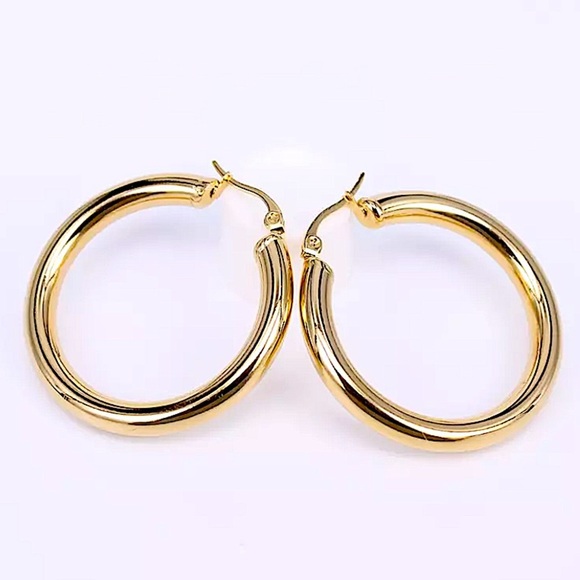 Gold Stainless Steel Tube Hoop Earrings - Picture 2 of 4